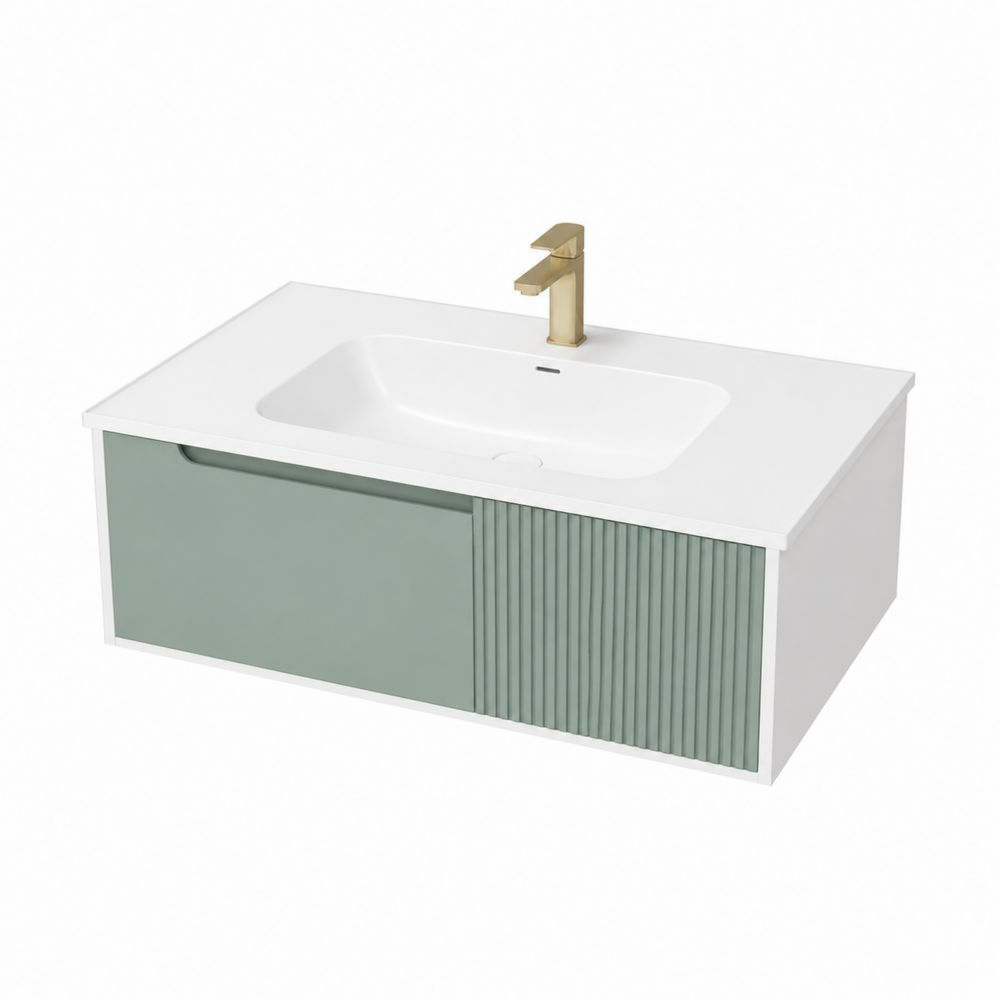 Mobile lavabo sospeso con lavabo integrato in MDF Bianco/Verde con rubinetto in ottone