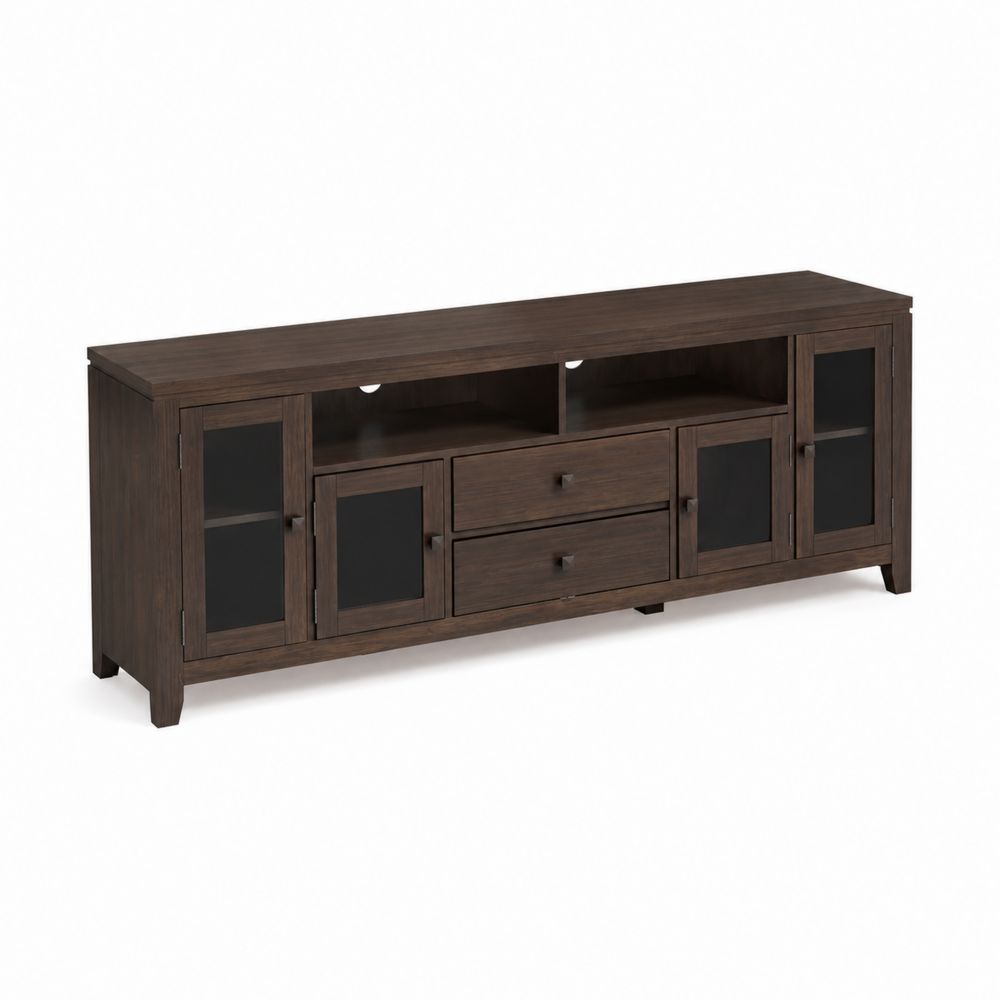 Mobile TV in legno con ante in vetro temperato, 4 ante, 2 cassetti, Marrone, 150x40x55 cm