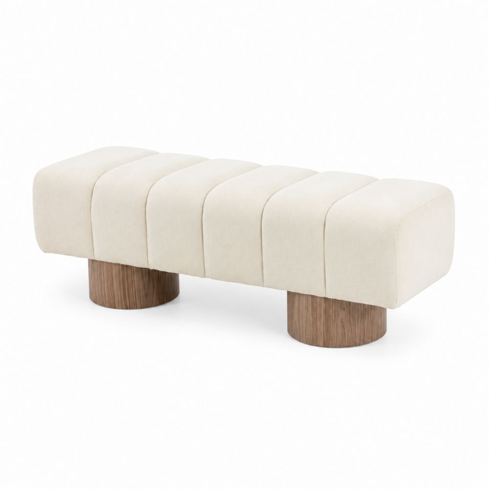 Panca imbottita in tessuto beige con gambe in legno