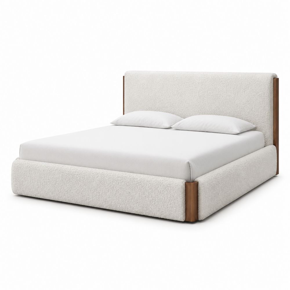Letto matrimoniale in tessuto bouclé bianco con struttura in legno