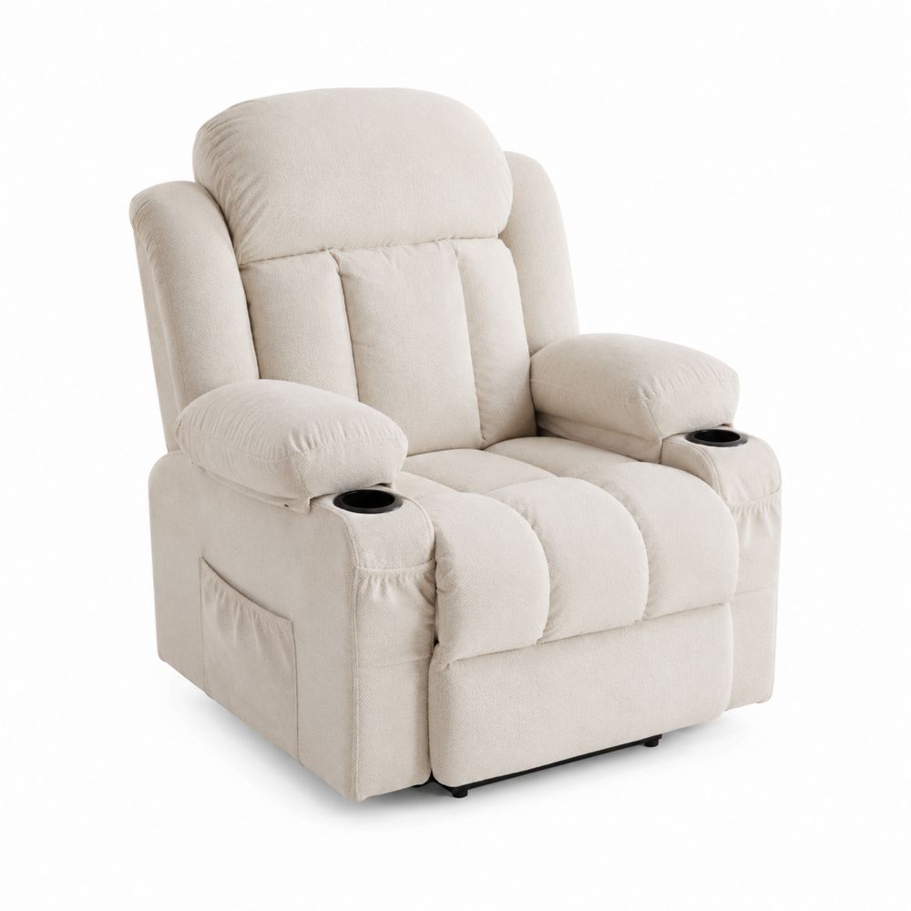 Poltrona Reclinabile in Tessuto Microfibra Beige con Porta Bicchieri