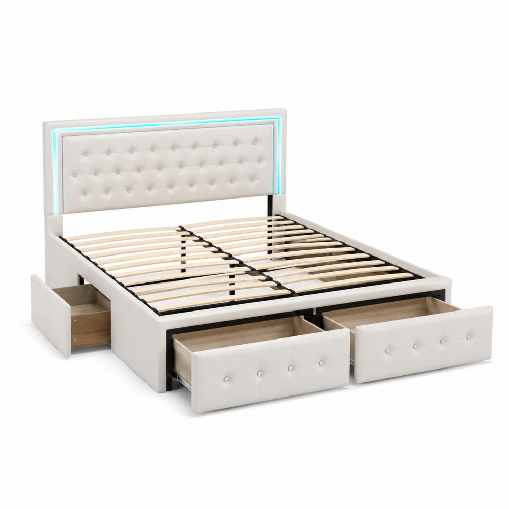 Letto matrimoniale con cassetti e testiera LED in ecopelle beige