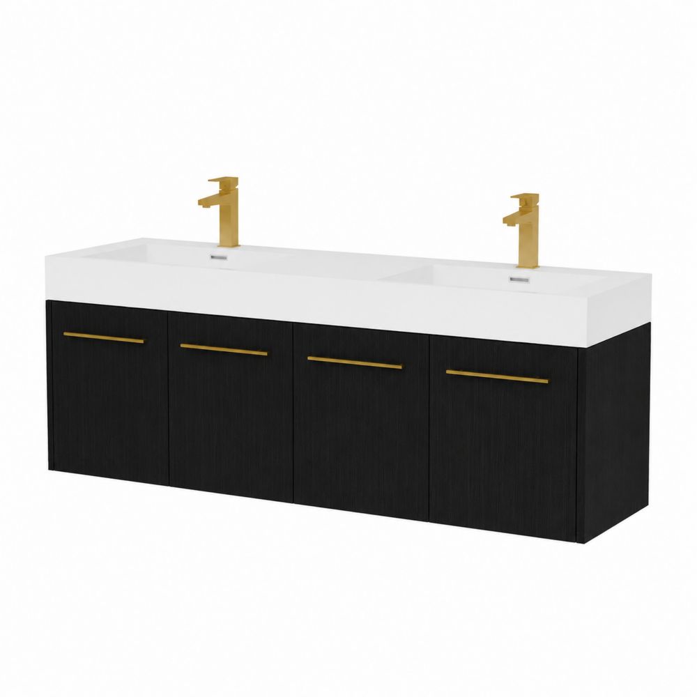 Mobile lavabo doppio legno nero con lavabo ceramica bianca e rubinetti ottone dorati