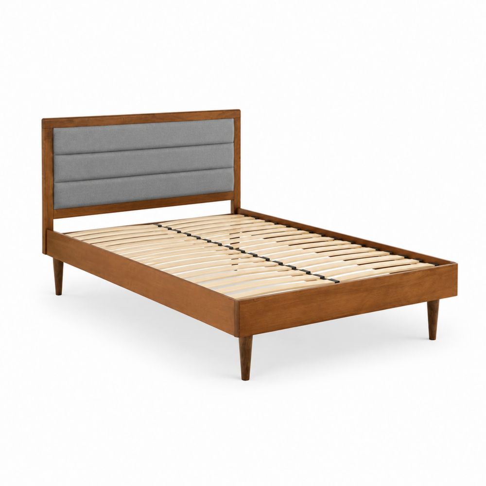 Letto in Legno con Testiera in Tessuto Grigio