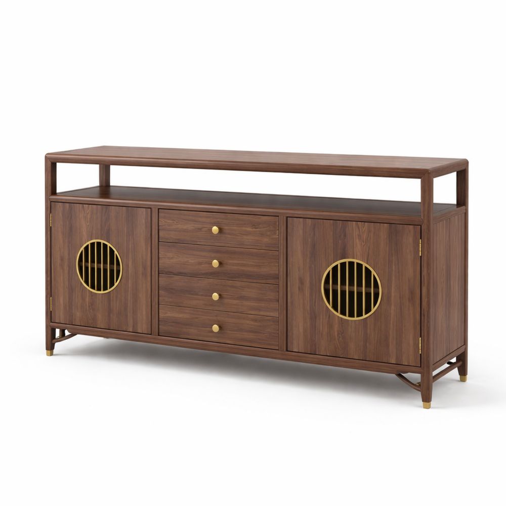 Credenza in Legno di Noce con Dettagli in Metallo Dorato