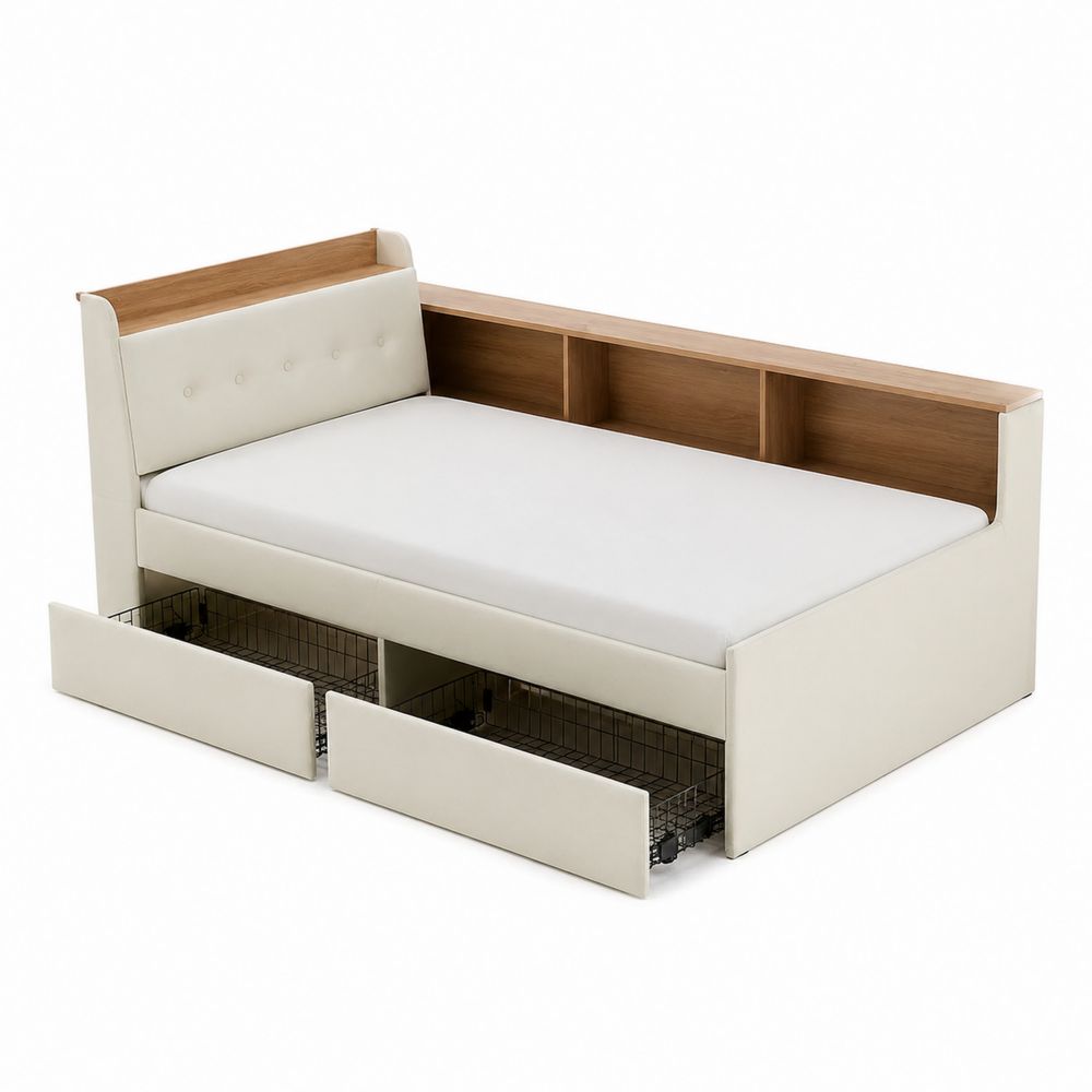 Daybed in Legno con Ripiani e Cassetti in Pelle Sintetica Crema
