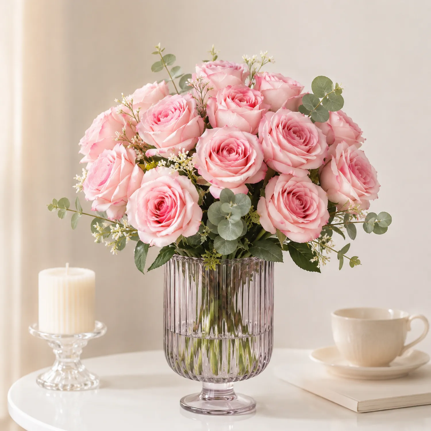 Künstlicher Rosenstrauß in Glasvase, Rosa, 30 cm