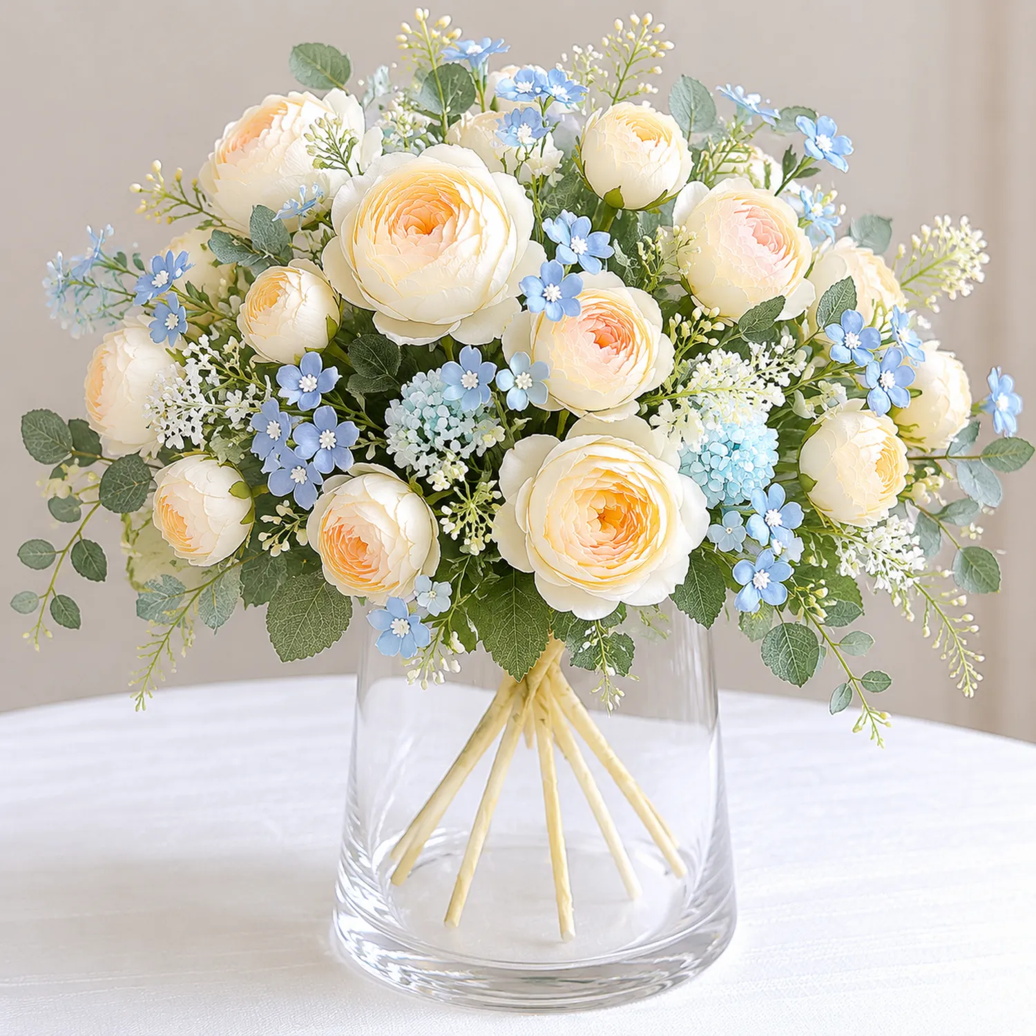 Künstlicher Rosenstrauß Dekoration Creme/Blau, 40 cm