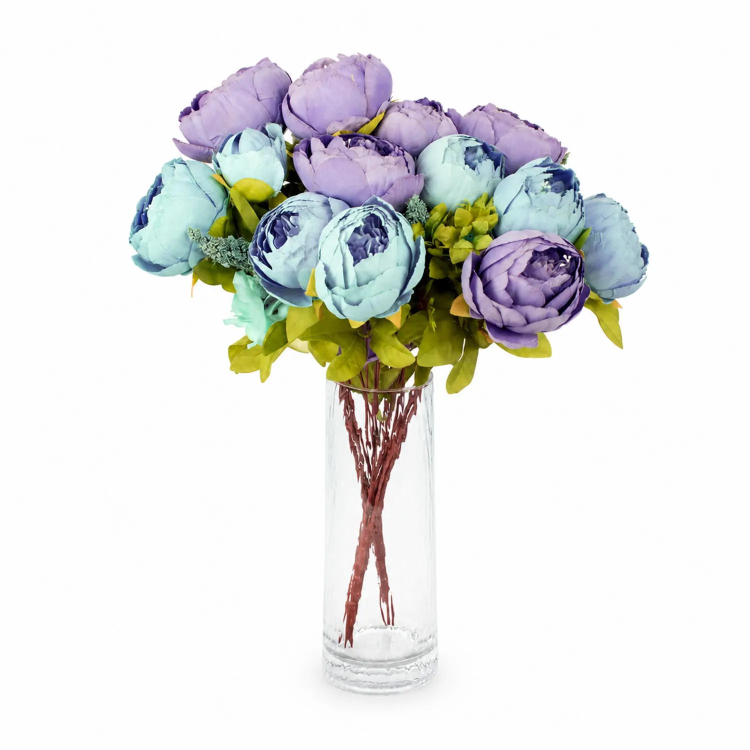 Künstliches Blumenarrangement Pfingstrose Violett/Hellblau im Glasvasen-Set