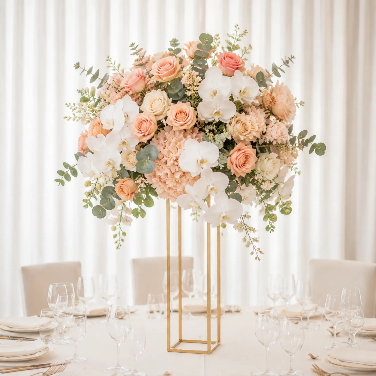 Elegantes Kunstblumenarrangement mit Pfirsichfarbenen Rosen und Orchideen