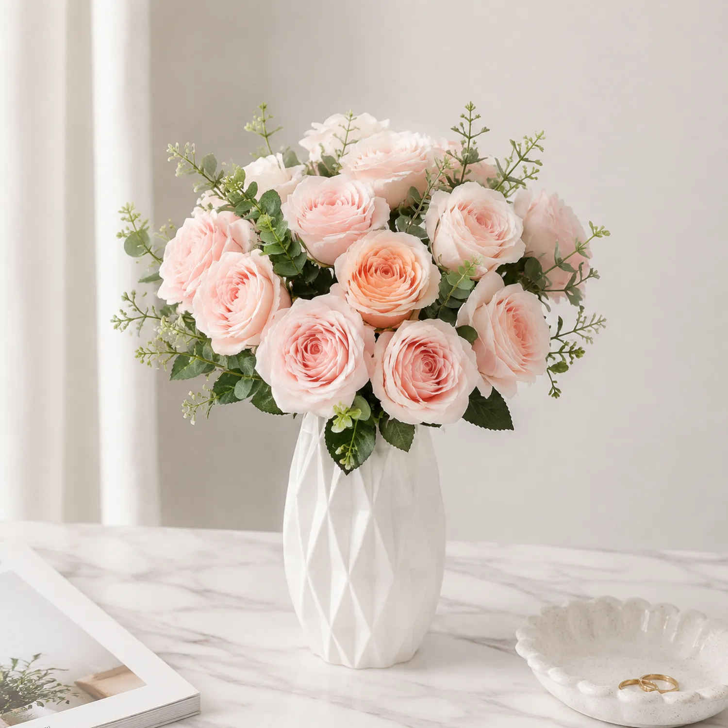 Künstlicher Rosenstrauß Dekorationsblumen Weiß/Aprikosenrosa