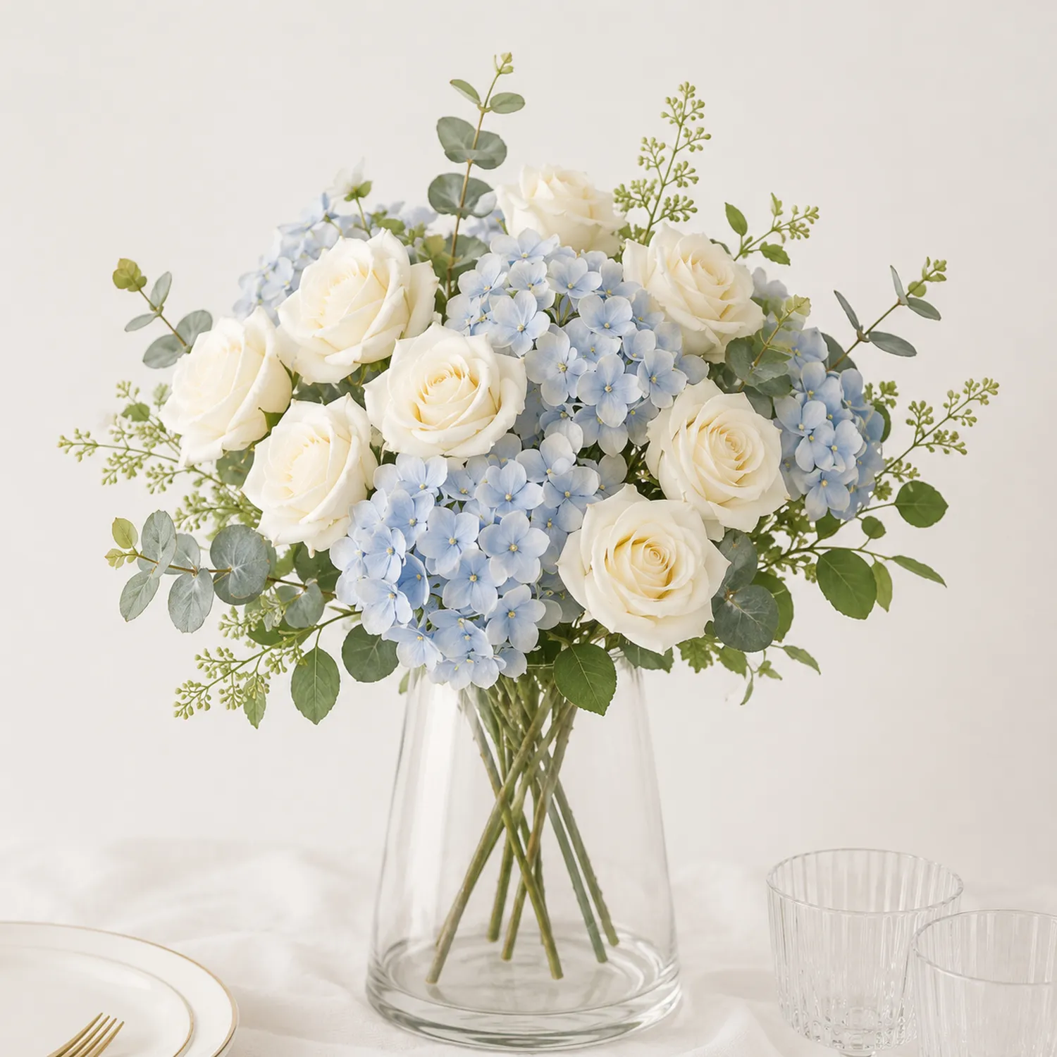 Dekorativer Kunstblumenstrauß mit Weißen Rosen und Blauen Hortensien