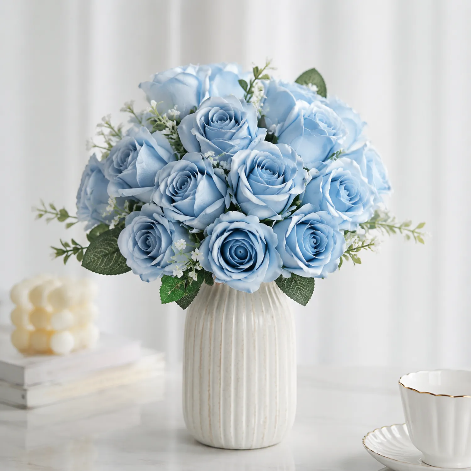 Künstlicher Hellblauer Rosenstrauß mit Vase für Dekoration