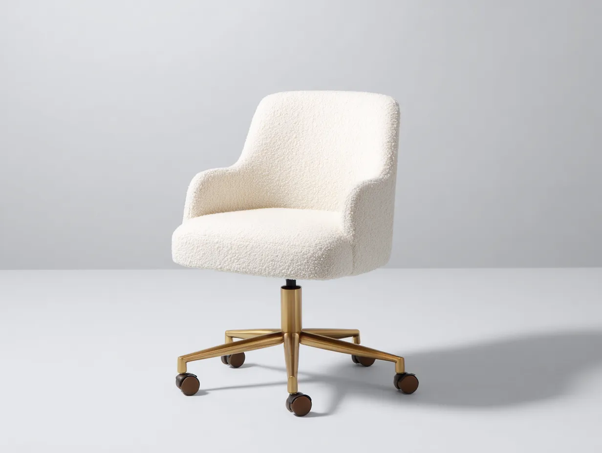 Silla de oficina 61x63x87 cm - tejido bouclé y metal - blanco roto y dorado - para oficina - con asiento envolvente elegante