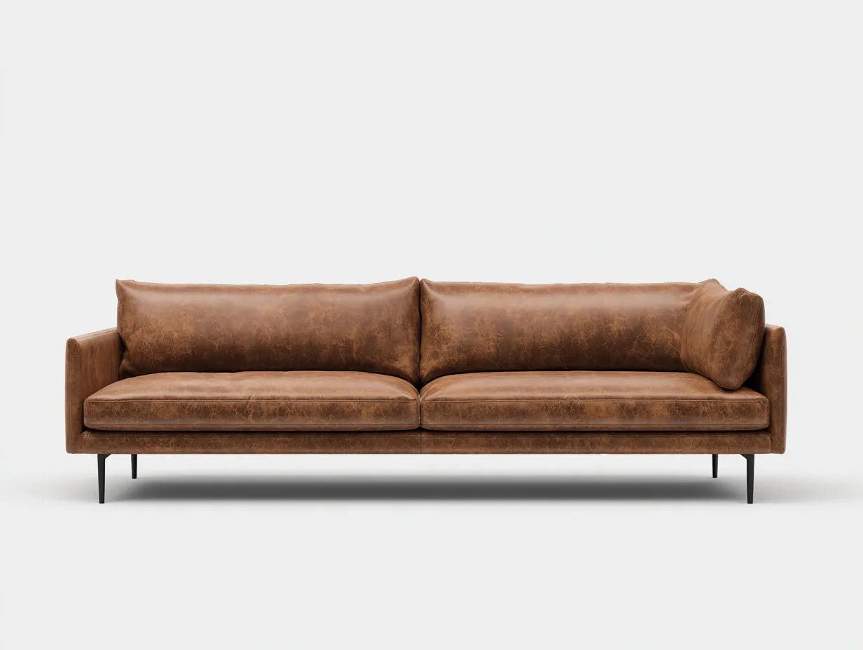 Sofá de tres plazas de cuero sintético envejecido 236x90x80 cm - marrón cuero - para salón - líneas rectas y base ligera
