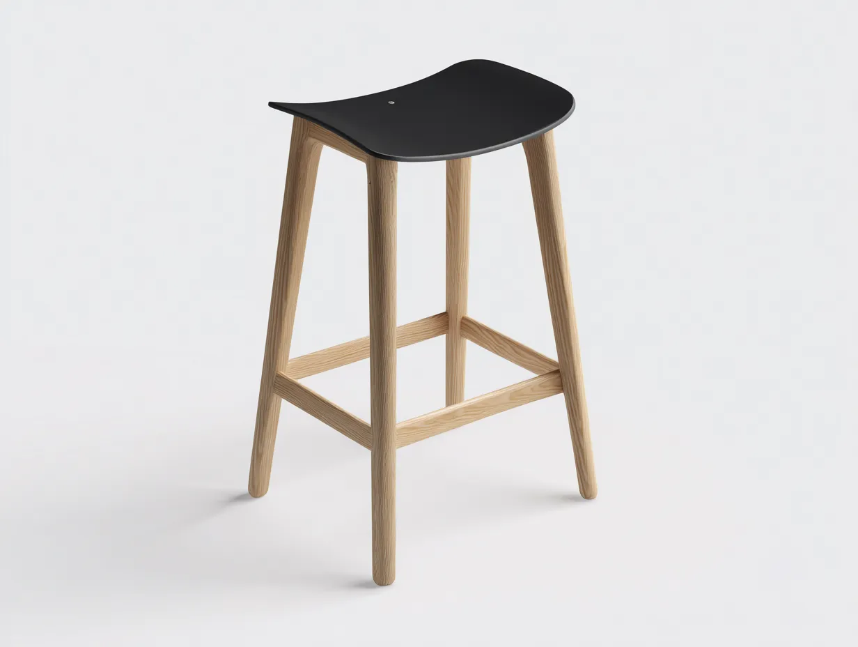 Taburete de bar 47x44x82 cm - asiento negro curvado y patas de roble claro - diseño nórdico con travesaños