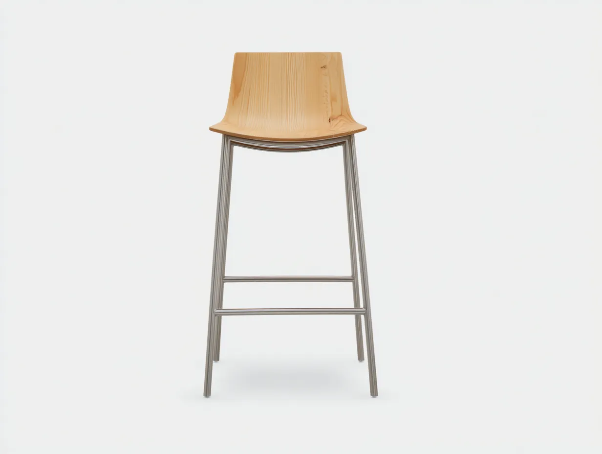 Taburete de bar 43x42x94 cm - asiento de madera clara y patas de metal plateado - respaldo bajo curvado