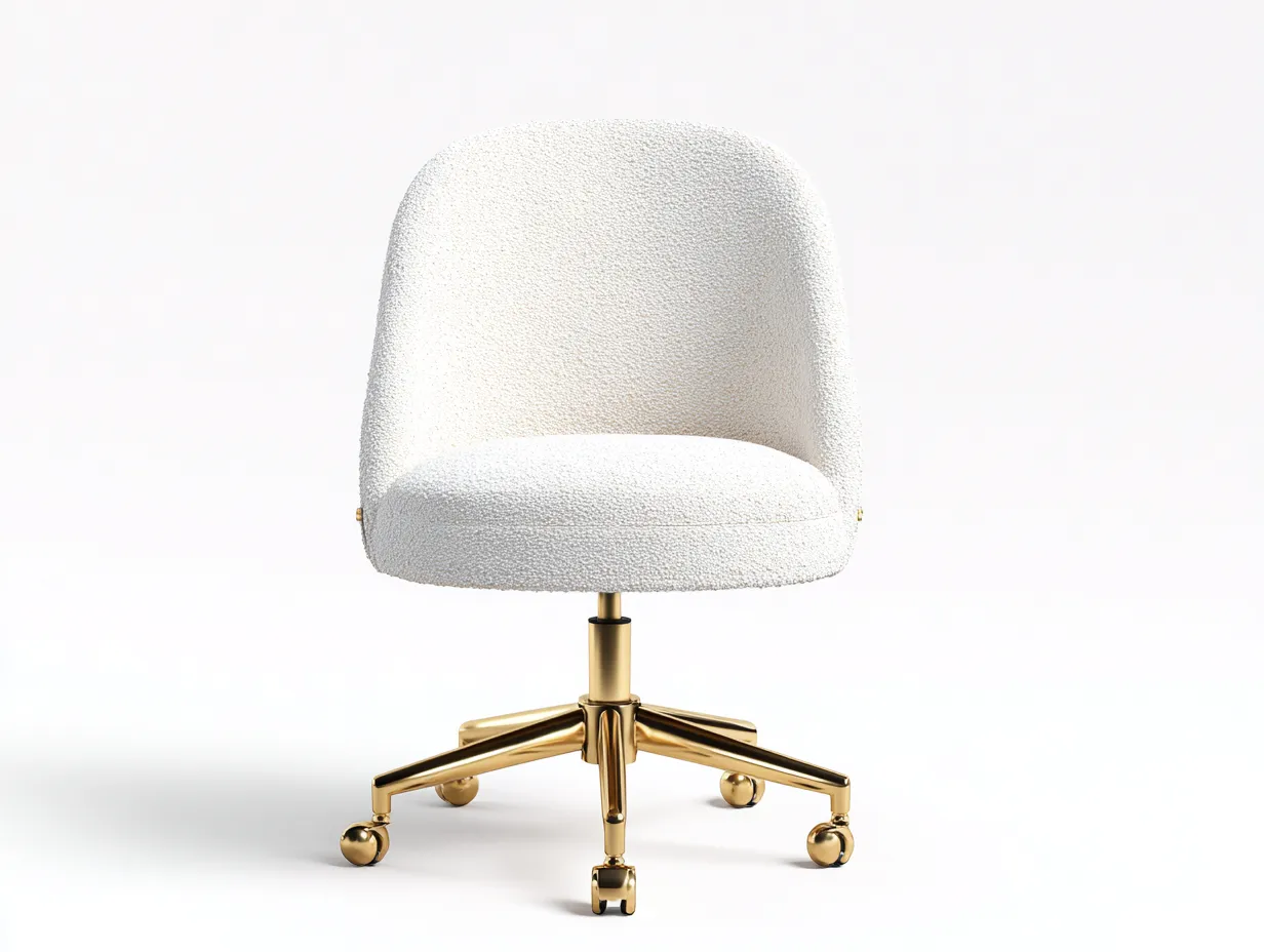 Silla de oficina 58x60x83 cm - tejido bouclé y metal dorado - blanco roto y dorado - para oficina - con respaldo bajo curvo