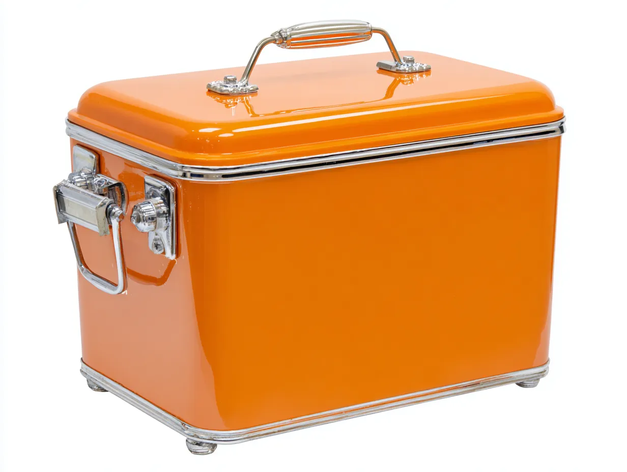 Nevera portátil 34x24x33 cm - metal naranja brillante - cierre cromado - para exterior