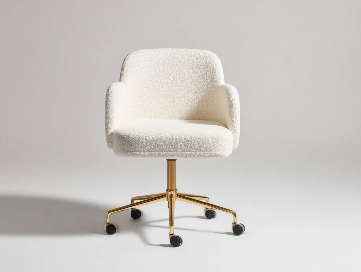 Silla de oficina 60x62x84 cm - tejido bouclé y metal dorado - blanco roto y dorado - para oficina - con respaldo envolvente
