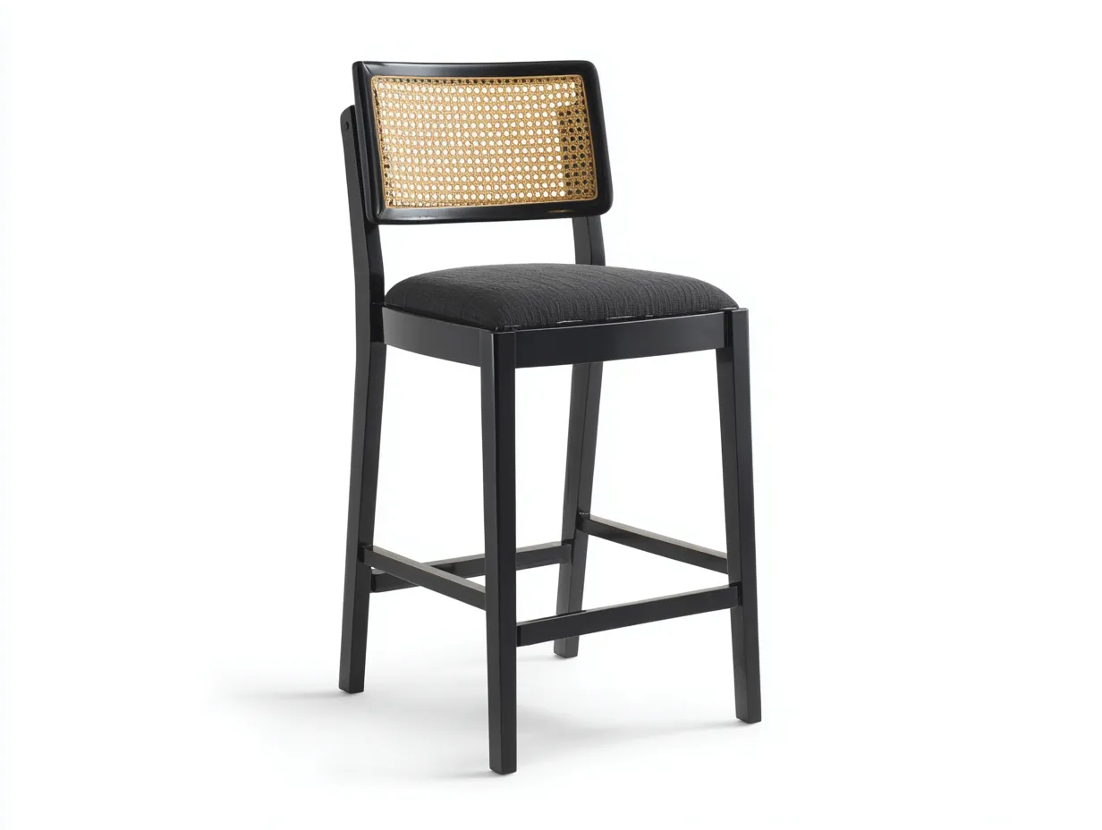 Taburete de bar 47x50x102 cm - estructura negra y respaldo de ratán - asiento tapizado gris oscuro