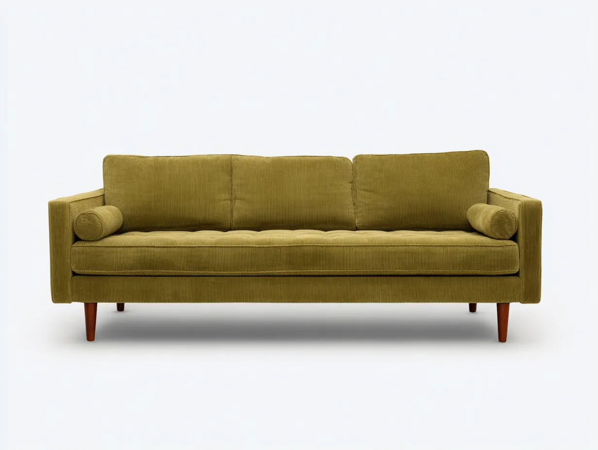Sofá de tres plazas 226x88x83 cm - pana oliva - patas de madera - para salón - estilo mid century