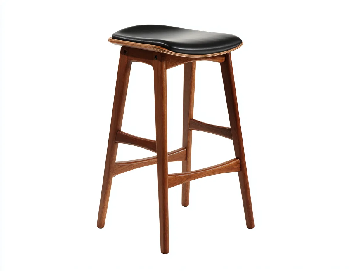 Taburete de bar 45x40x76 cm - estructura de madera marrón y asiento negro acolchado - estilo mid century