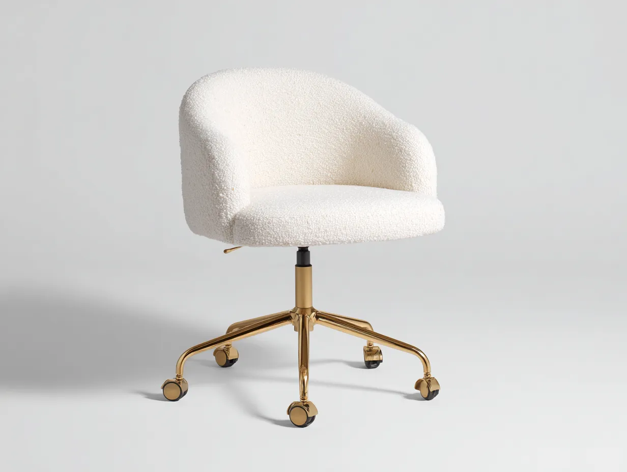 Silla de oficina 60x62x86 cm - tejido bouclé y metal - crema y dorado - para oficina - con respaldo curvo suave