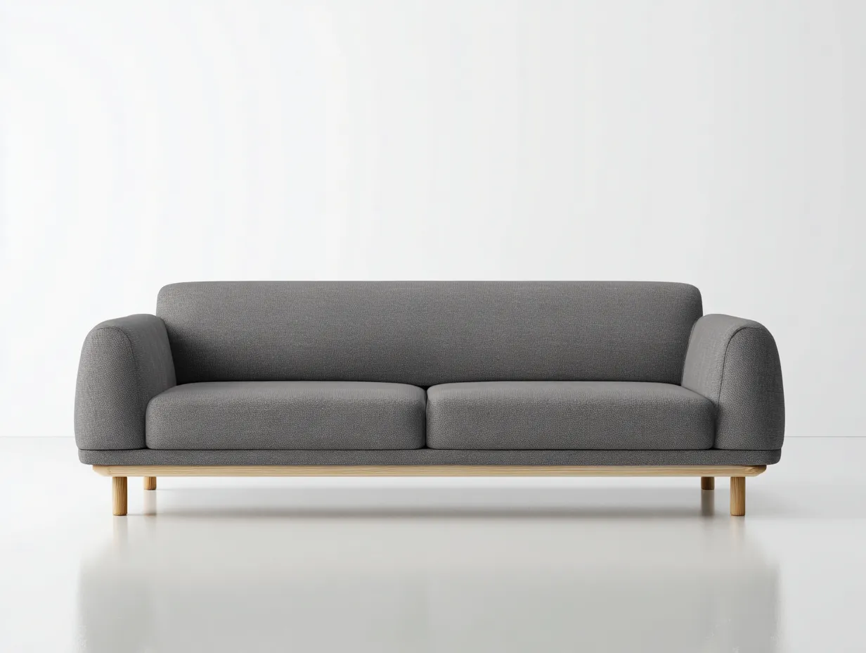 Sofá de tres plazas de tejido liso 232x91x80 cm - gris medio - para salón - base de madera clara y brazos redondeados
