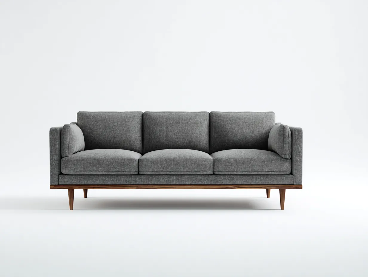 Sofá de tres plazas de tejido liso 234x90x81 cm - gris cálido - para salón - base de madera oscura y diseño recto