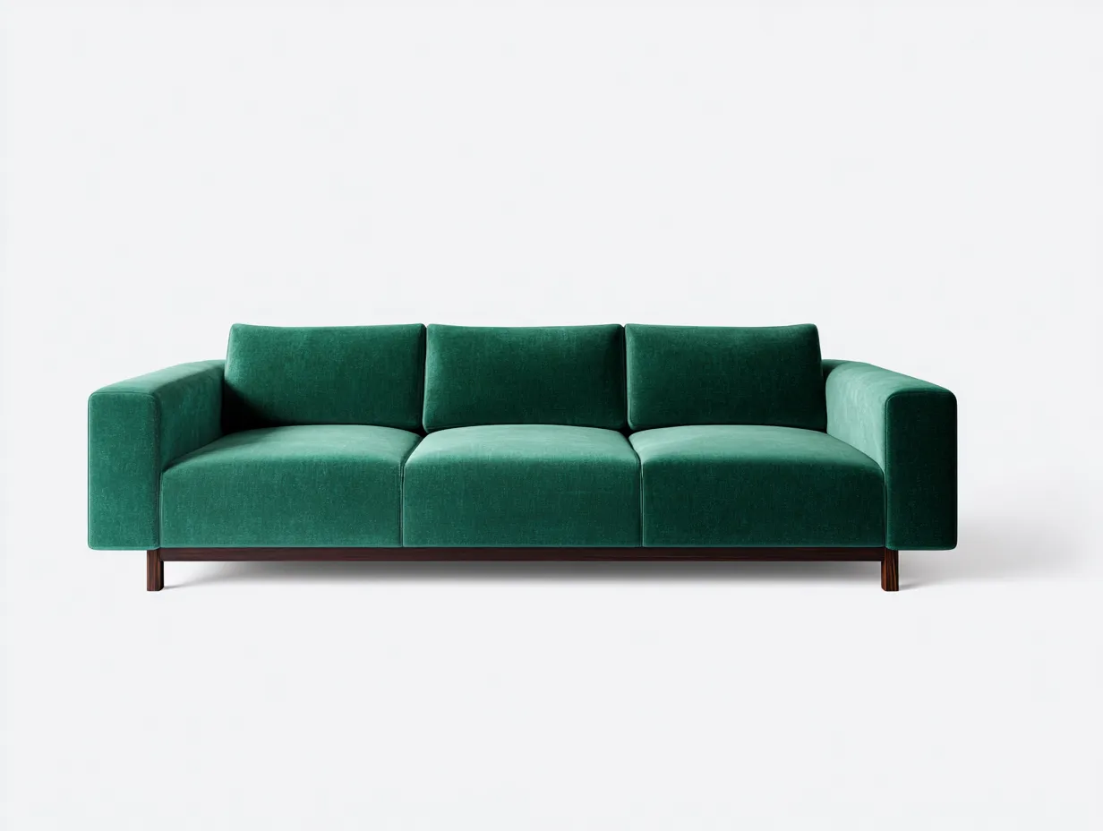Sofá de tres plazas 236x91x80 cm - terciopelo verde esmeralda - base de madera vista - para salón - diseño contemporáneo