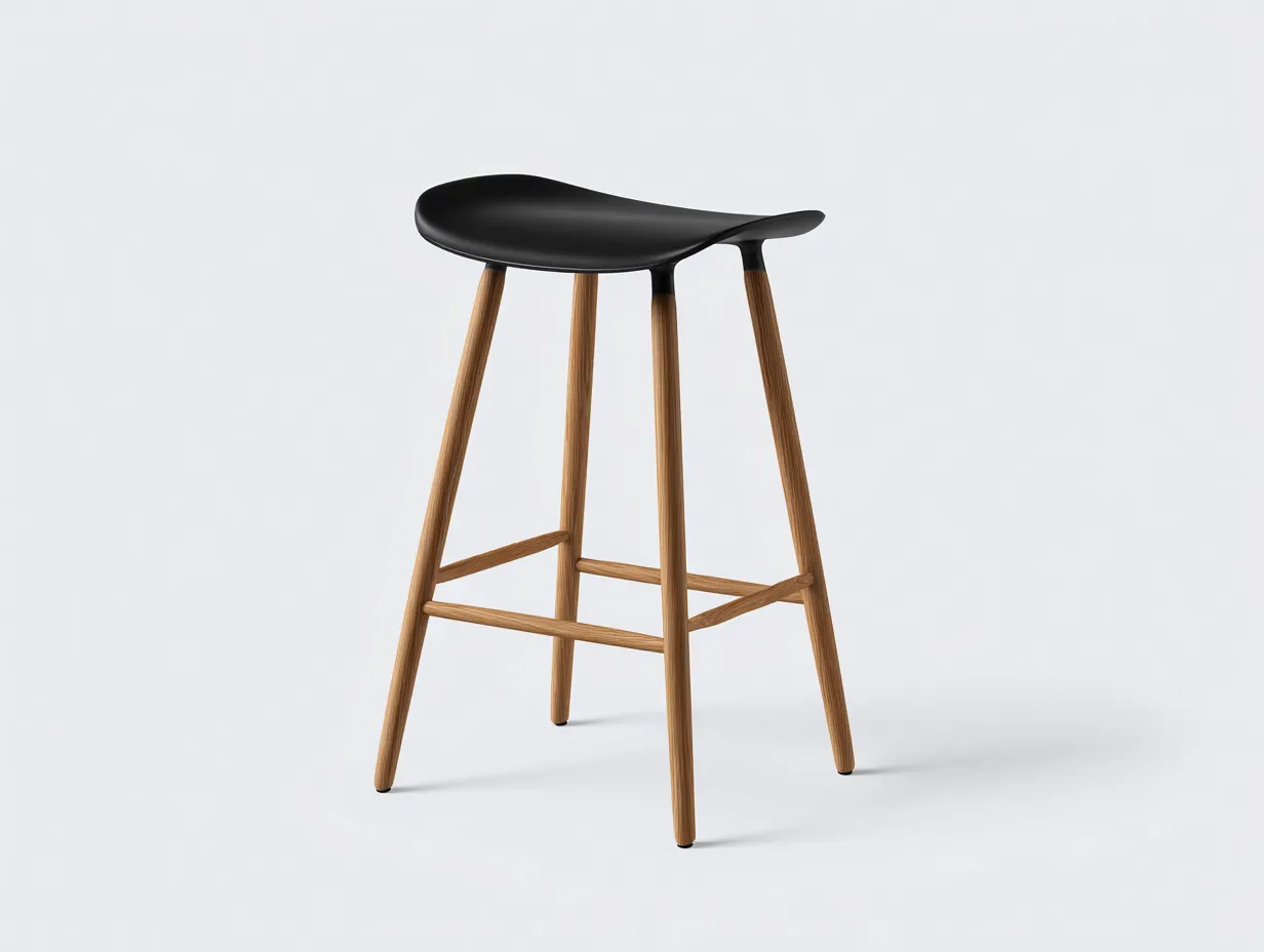 Taburete de bar 48x45x78 cm - asiento negro curvado y patas de roble - estilo nórdico con reposapiés