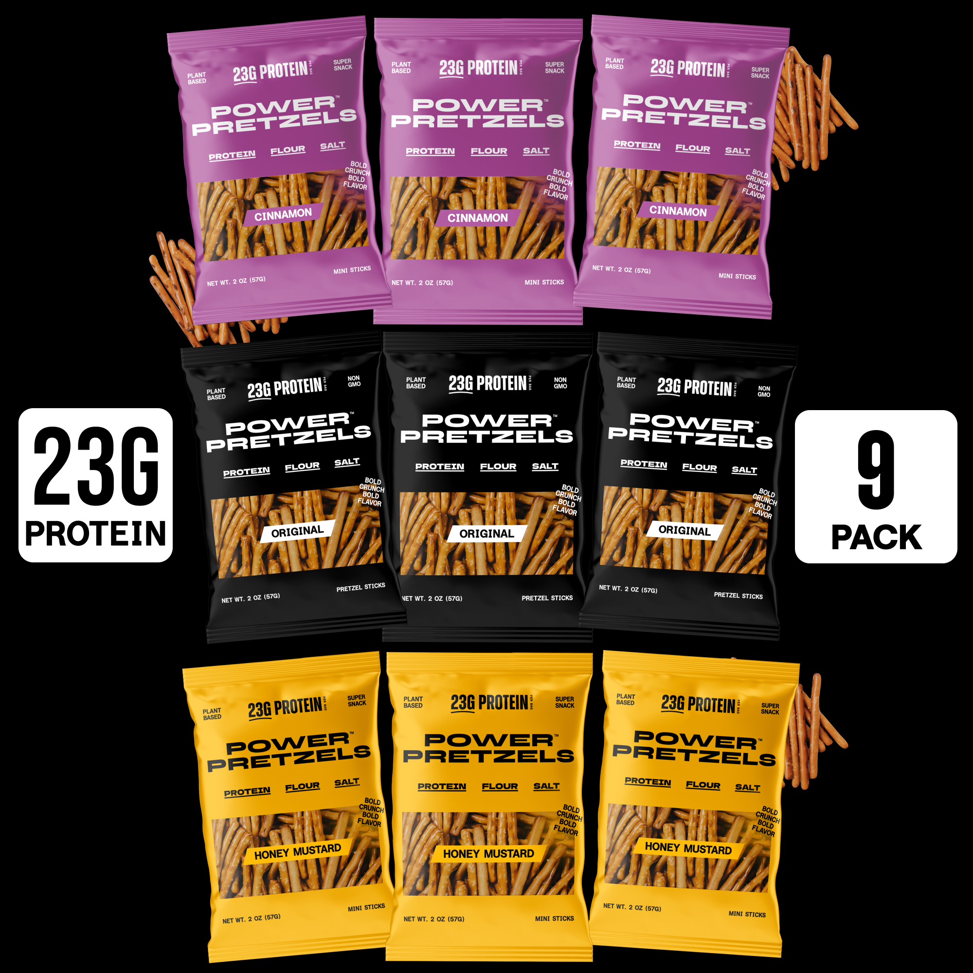 Nine bags in a grid, three each of cinnamon, original and honey mustard
