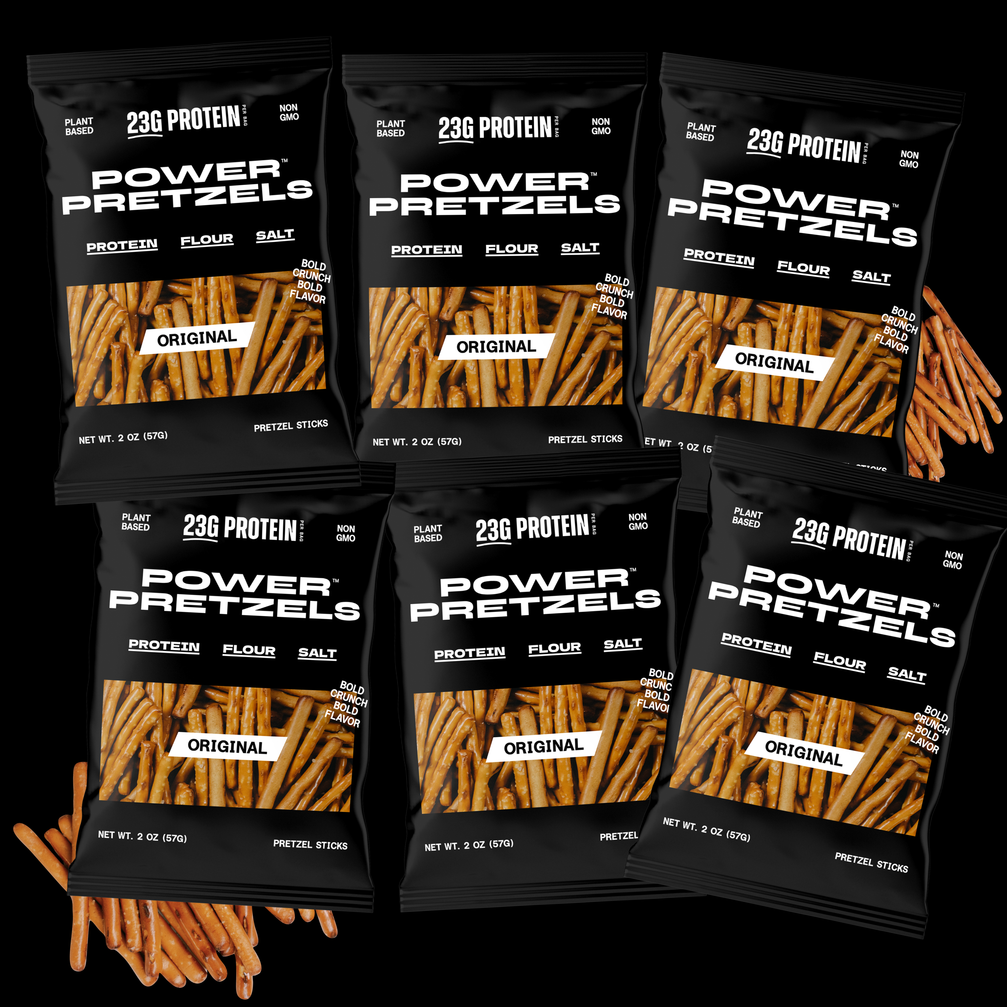 Six black Original bags arranged in two rows, loose pretzel sticks alongside