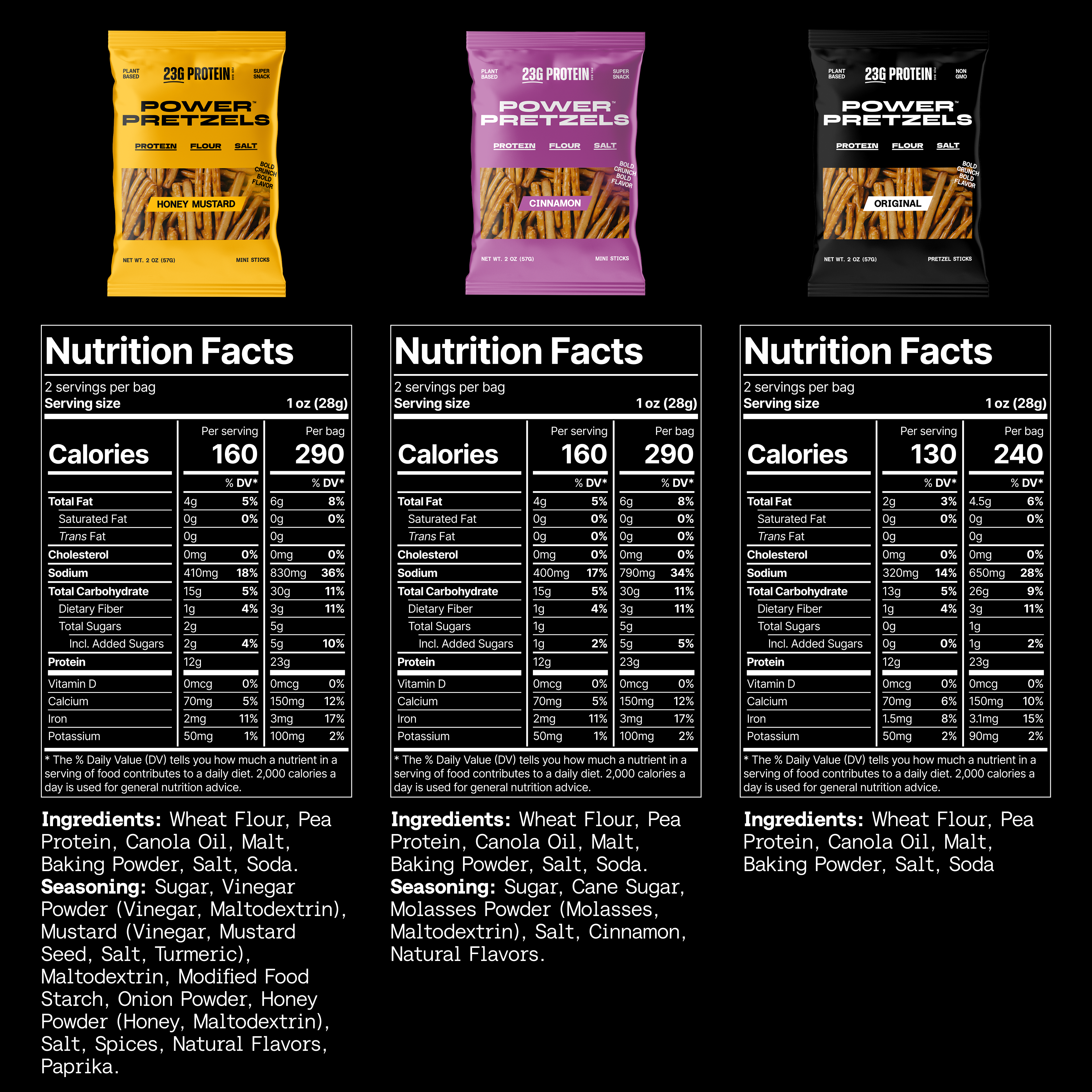 Nutrition panels for all three flavours side by side, with ingredients and seasonings