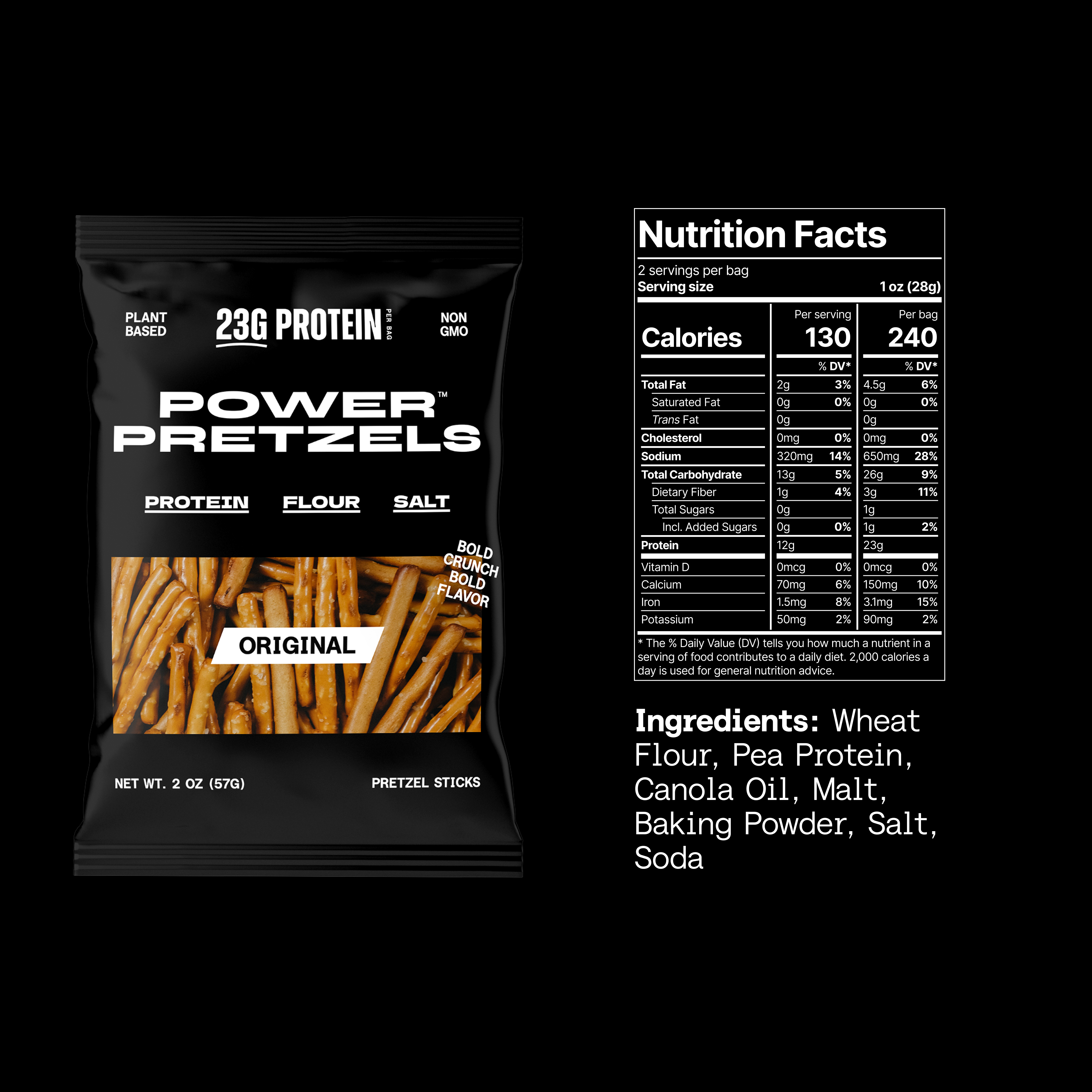 Original bag beside its nutrition panel and ingredient list, 23g protein per bag