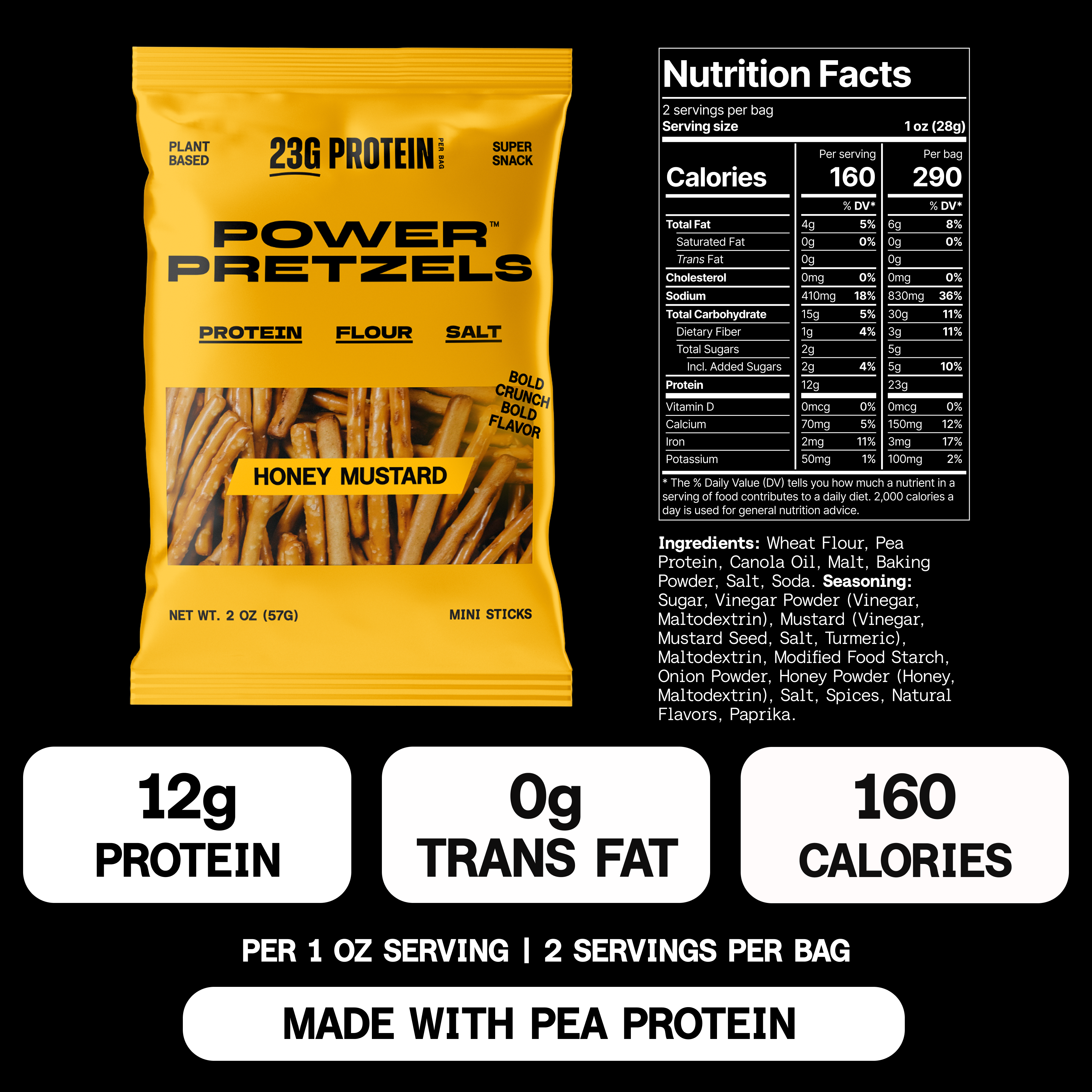Honey mustard bag beside its nutrition panel: 12g protein, 160 calories per serving