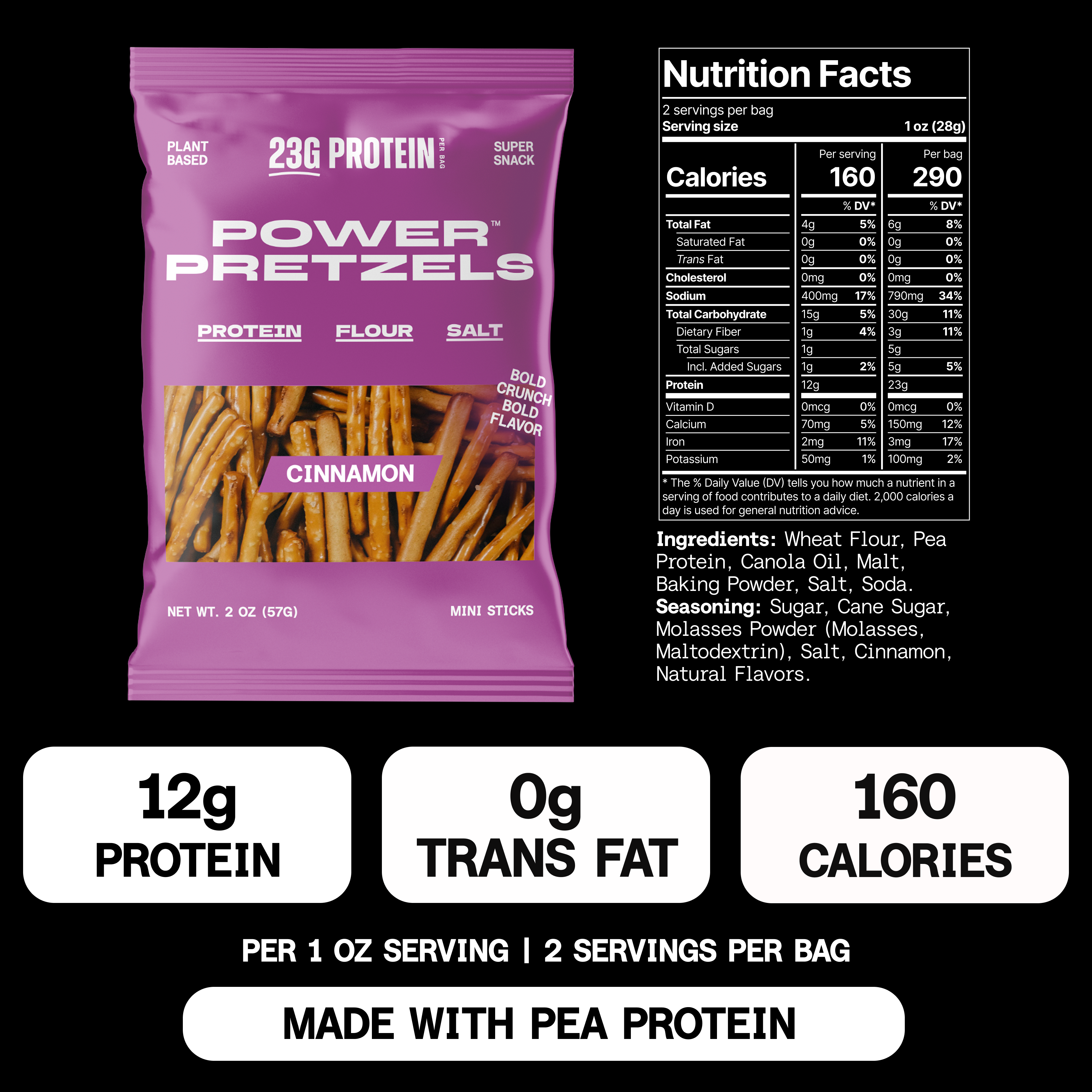 Cinnamon bag beside its nutrition panel: 12g protein, 160 calories per serving