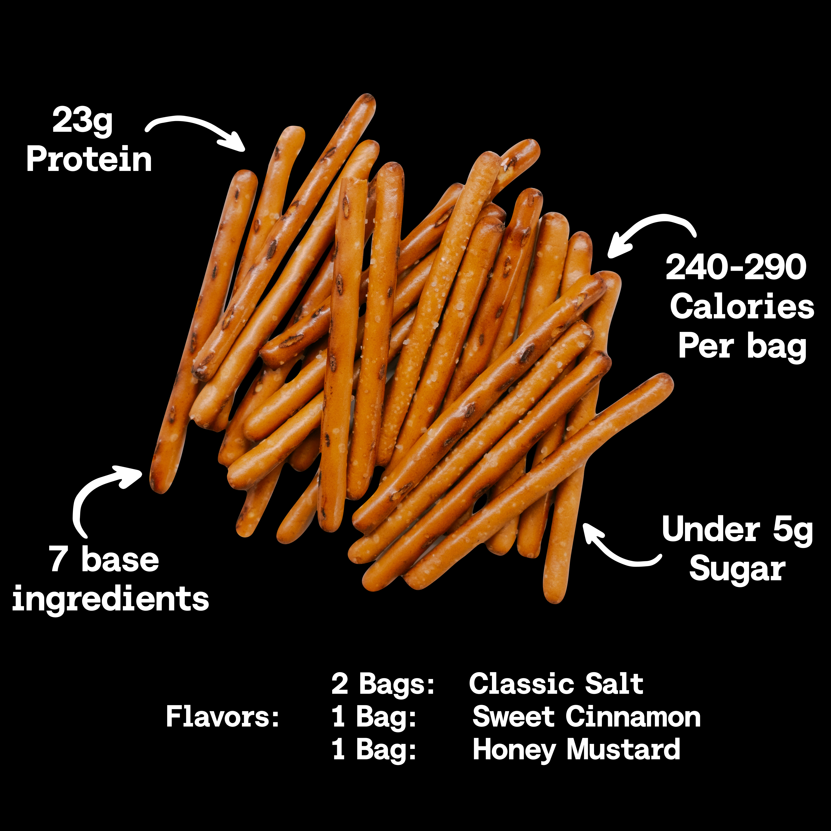 Pretzel pile with the pack's split: two classic salt, one cinnamon, one honey mustard