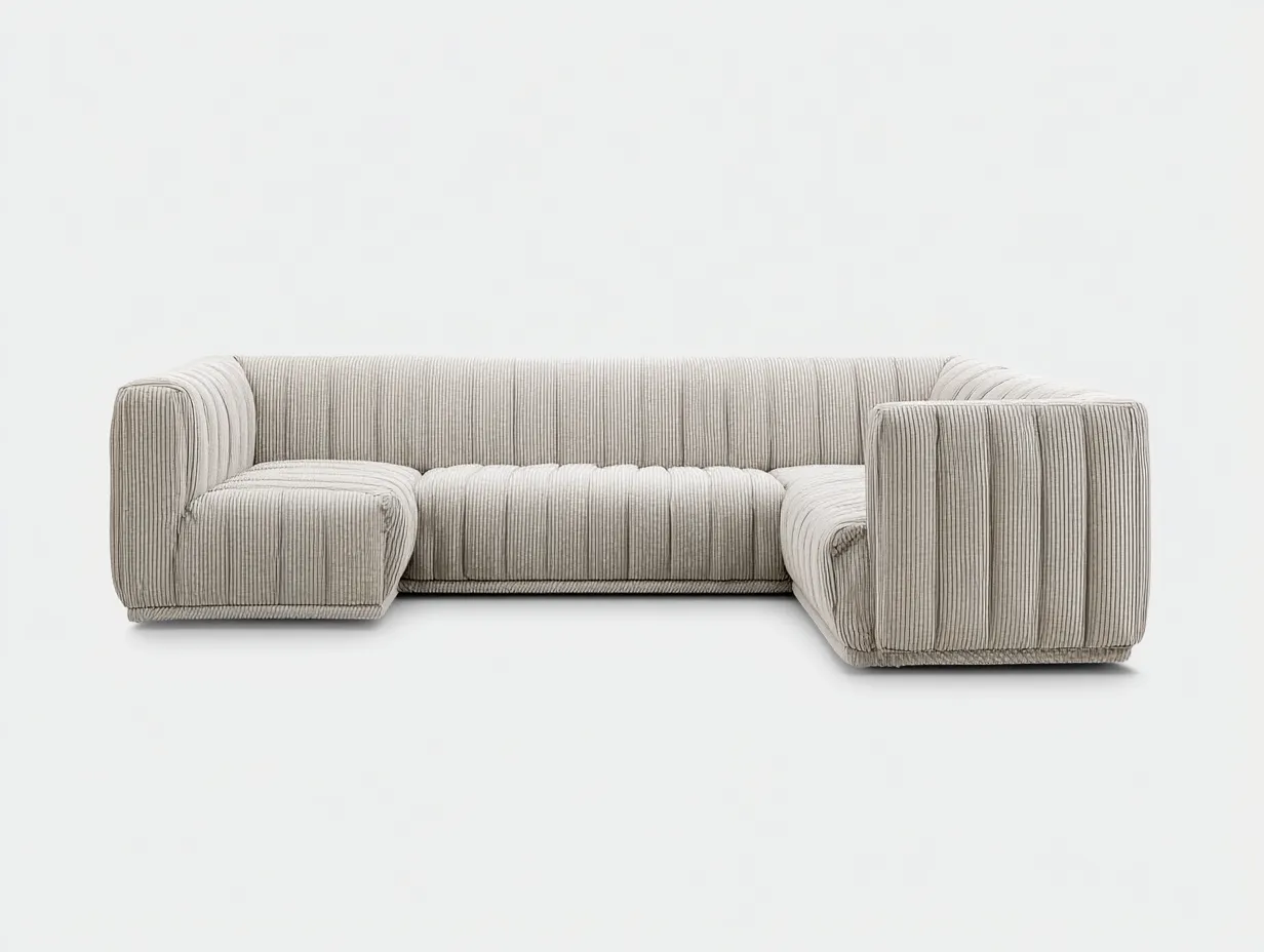 Sofá en forma de U de pana gris claro 345x195x78 cm - diseño acanalado para salón