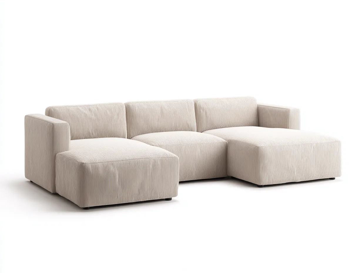 Sofá en forma de U de pana beige 335x190x78 cm - salón moderno con chaise doble