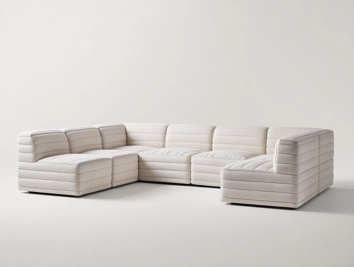 Sofá en forma de U blanco 370x215x80 cm - tapizado acolchado con costuras horizontales