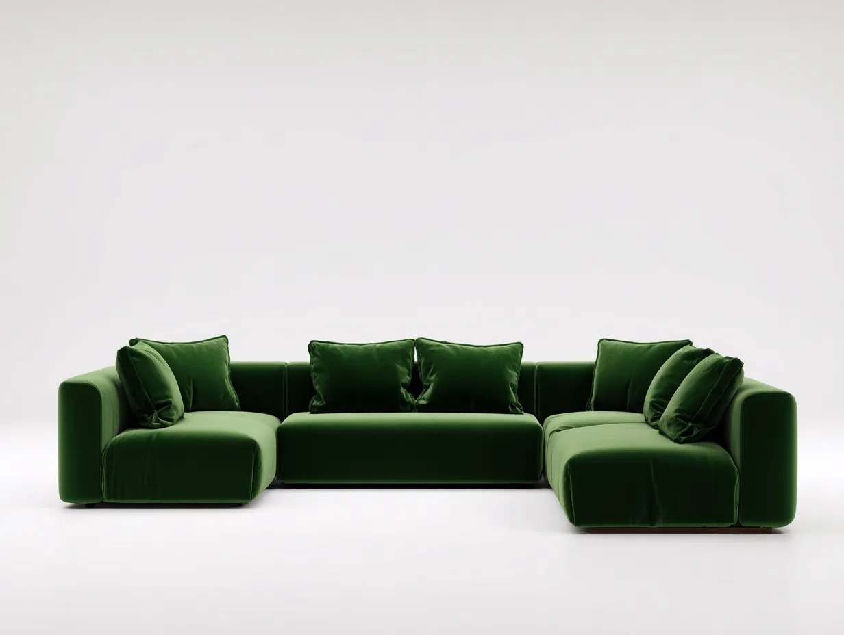 Sofá en forma de U de terciopelo verde 355x205x78 cm - salón elegante con asiento profundo