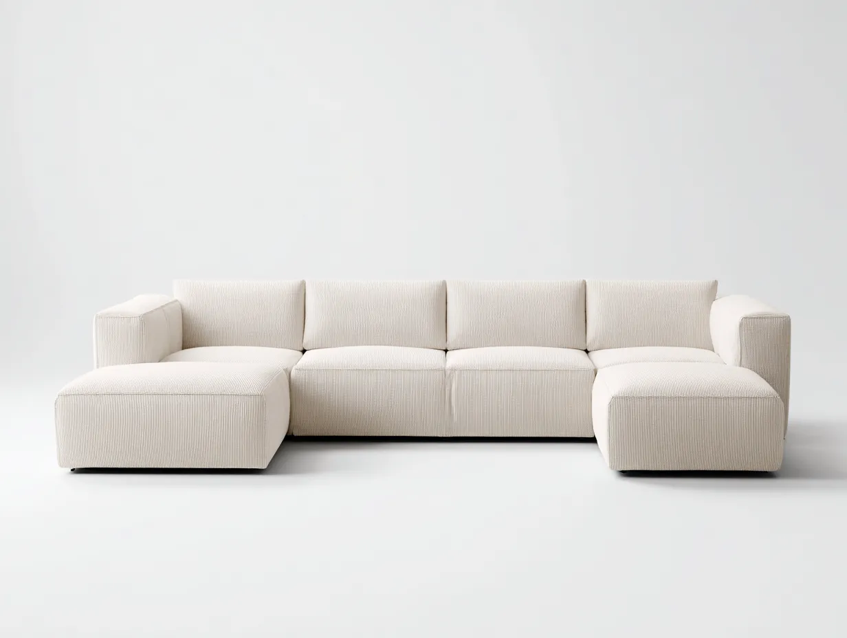 Sofá en forma de U de pana crema 340x200x80 cm - salón contemporáneo con asiento profundo