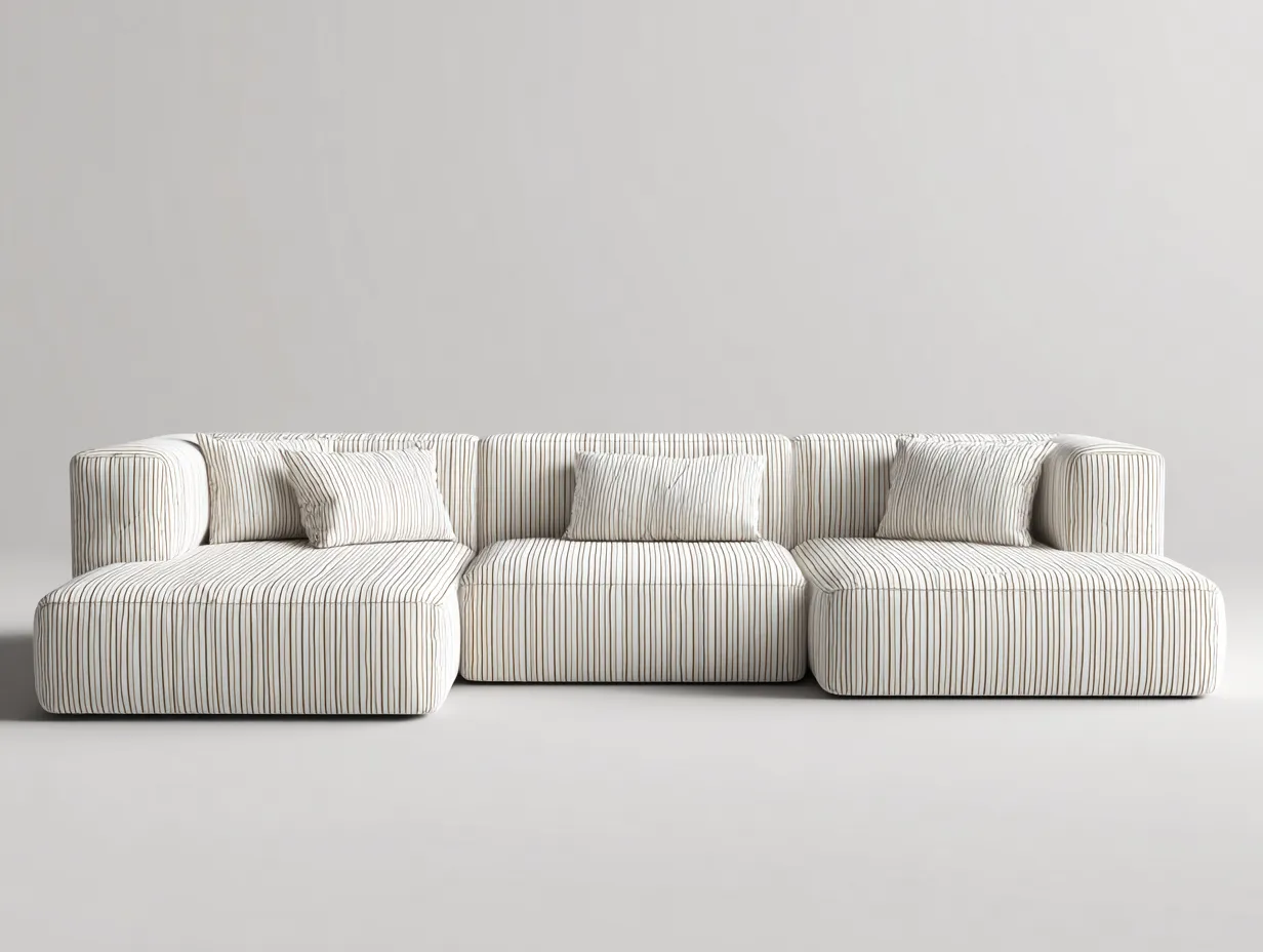 Sofá en forma de U a rayas 355x205x76 cm - tela blanca y beige para salón moderno