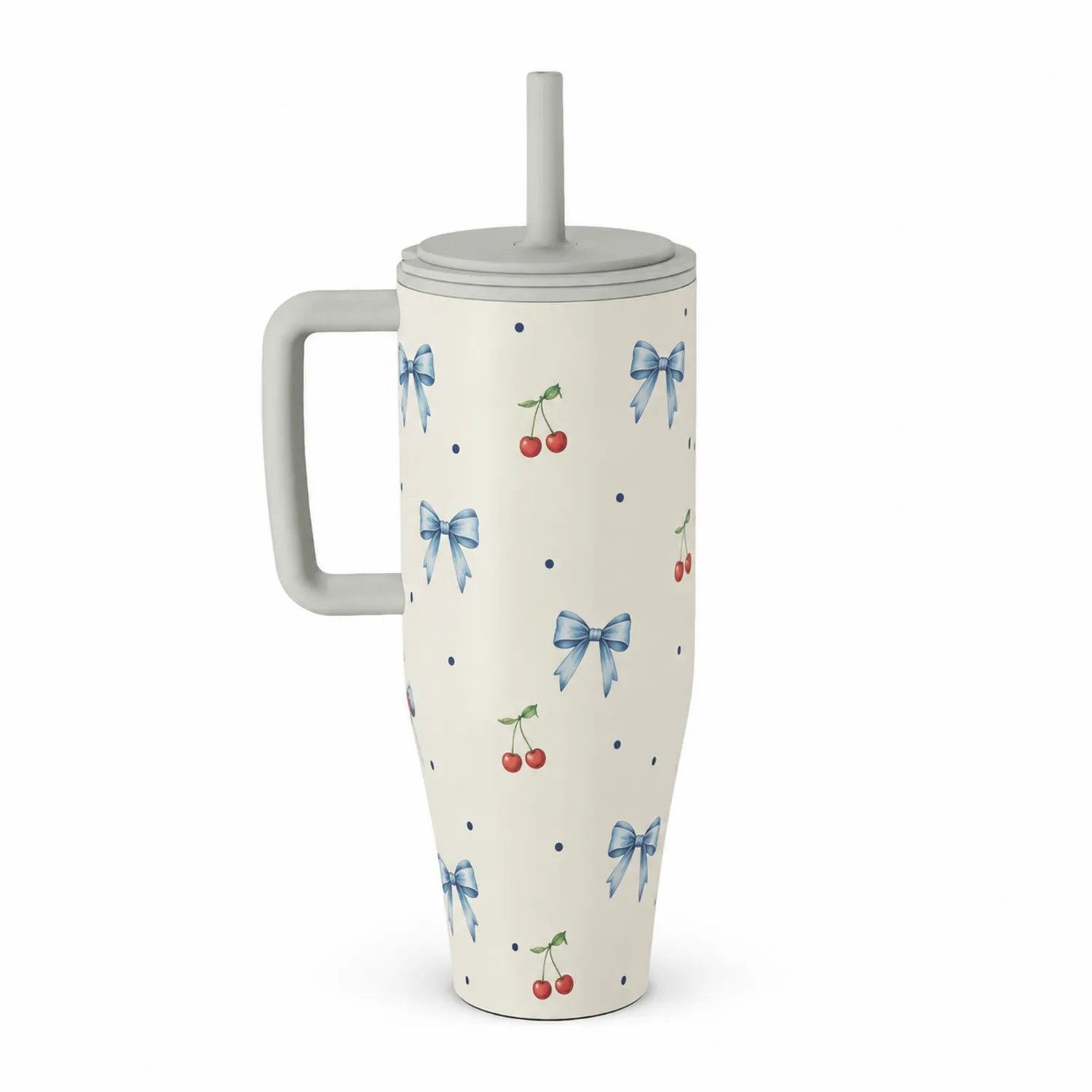 700ml Thermotasse mit Griff und Strohhalm - Kirschen- und Schleifenmuster-Qiralume