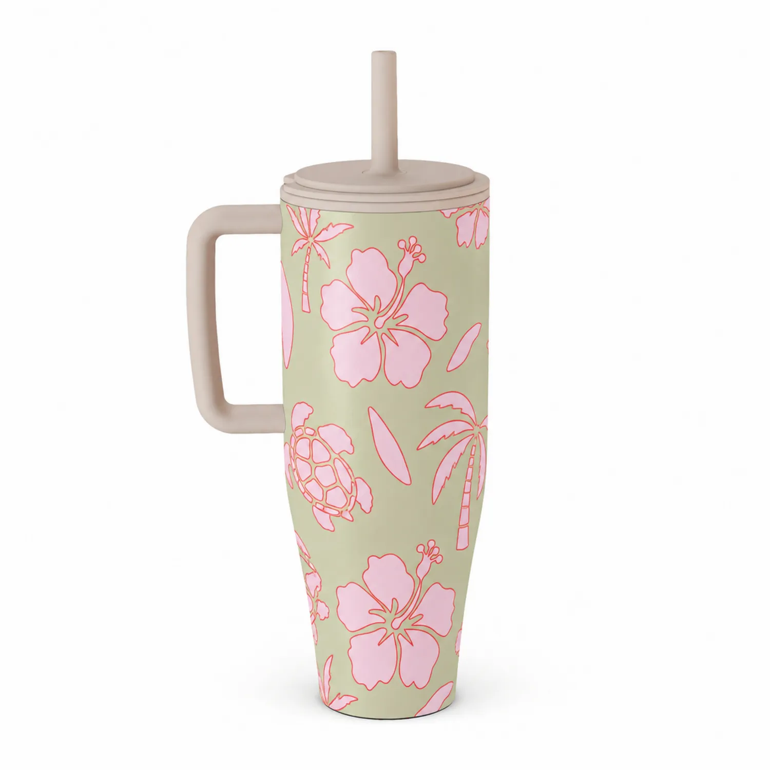Tropischer Trinkbecher mit Griff und Strohhalm 500ml - Blütenmuster Beige/Rosa-Qiralume