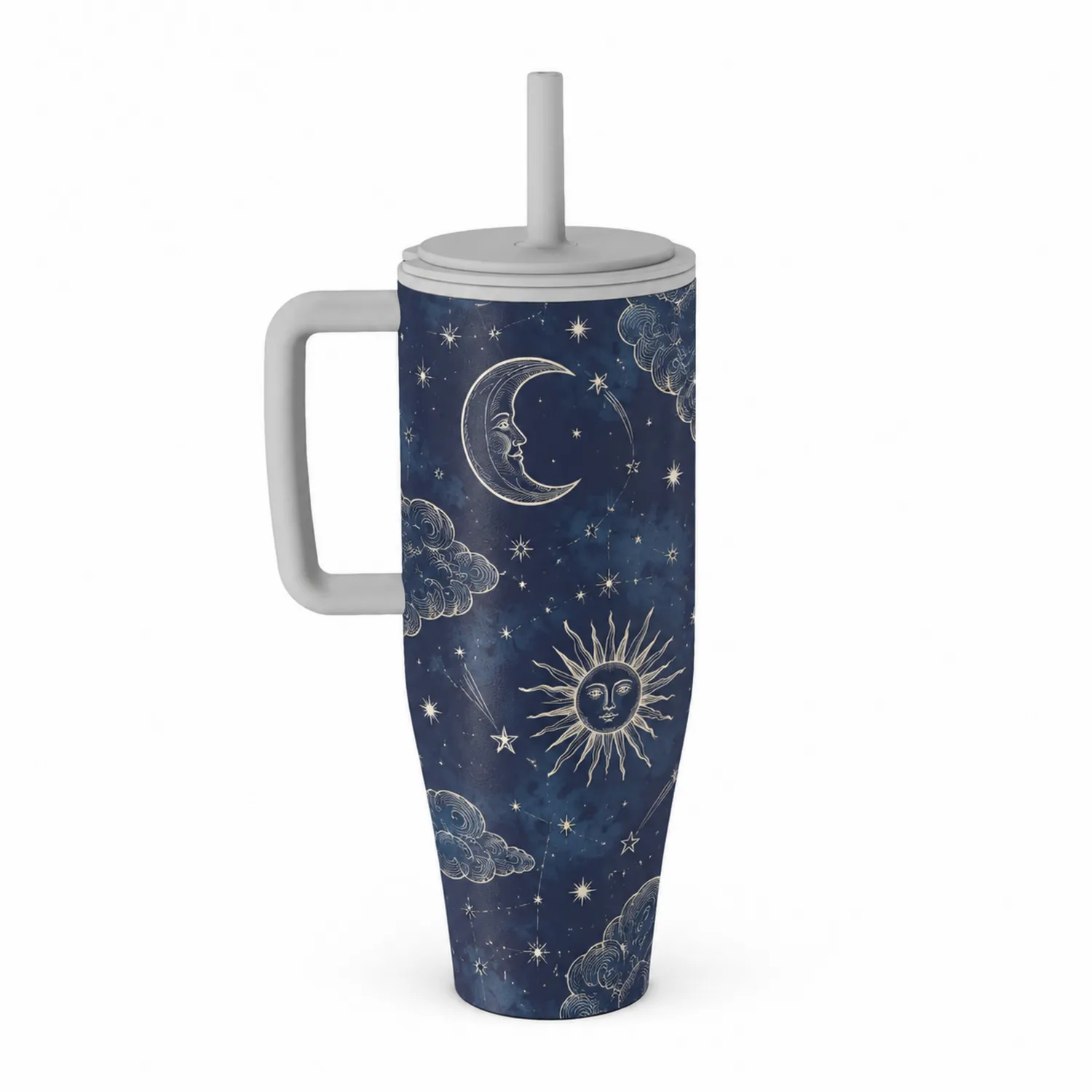 Großer Thermobecher 750ml mit Griff, Sonnen- und Monddesign-Qiralume