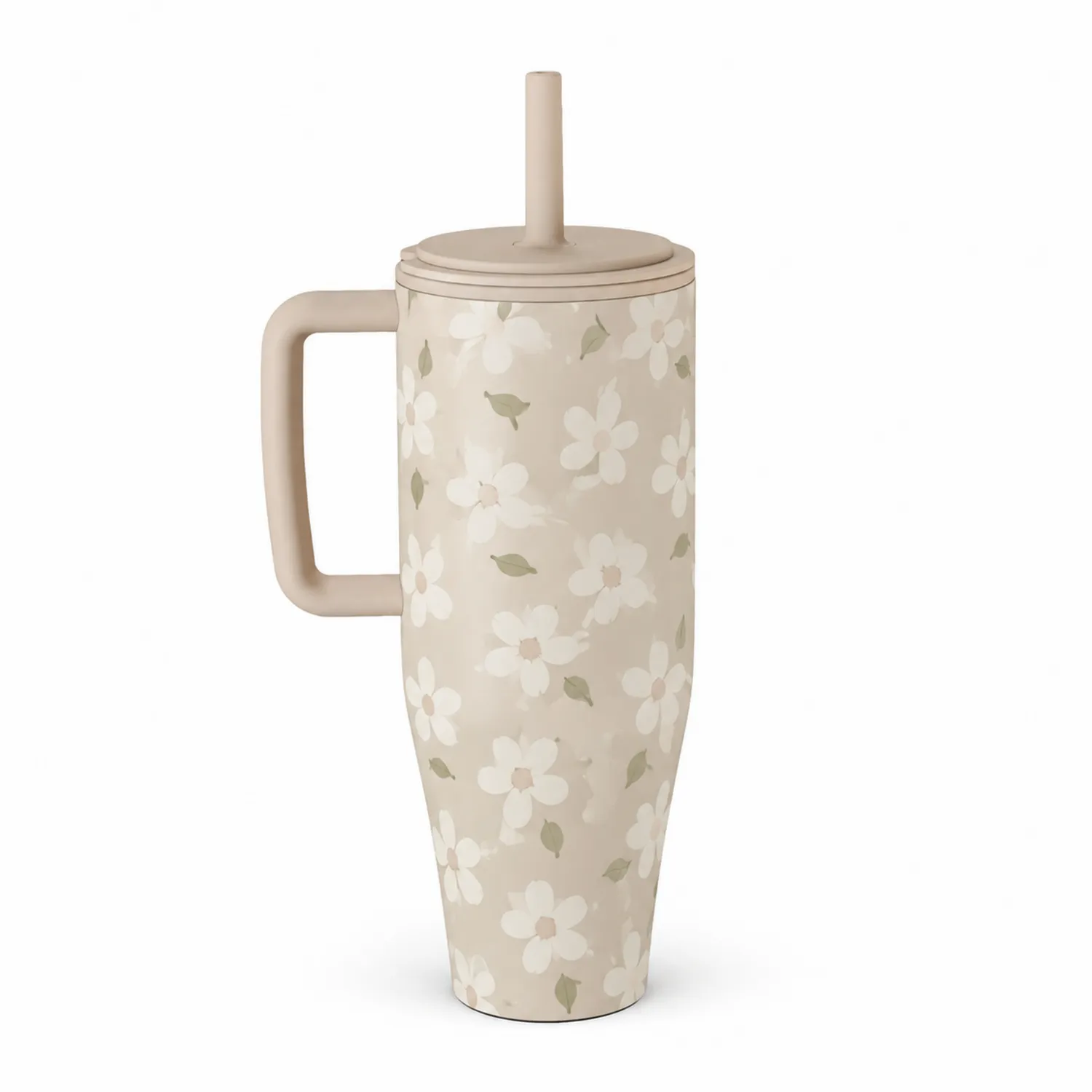 Isolierter Trinkbecher mit Griff und Strohhalm, Blumenmuster Beige-Qiralume