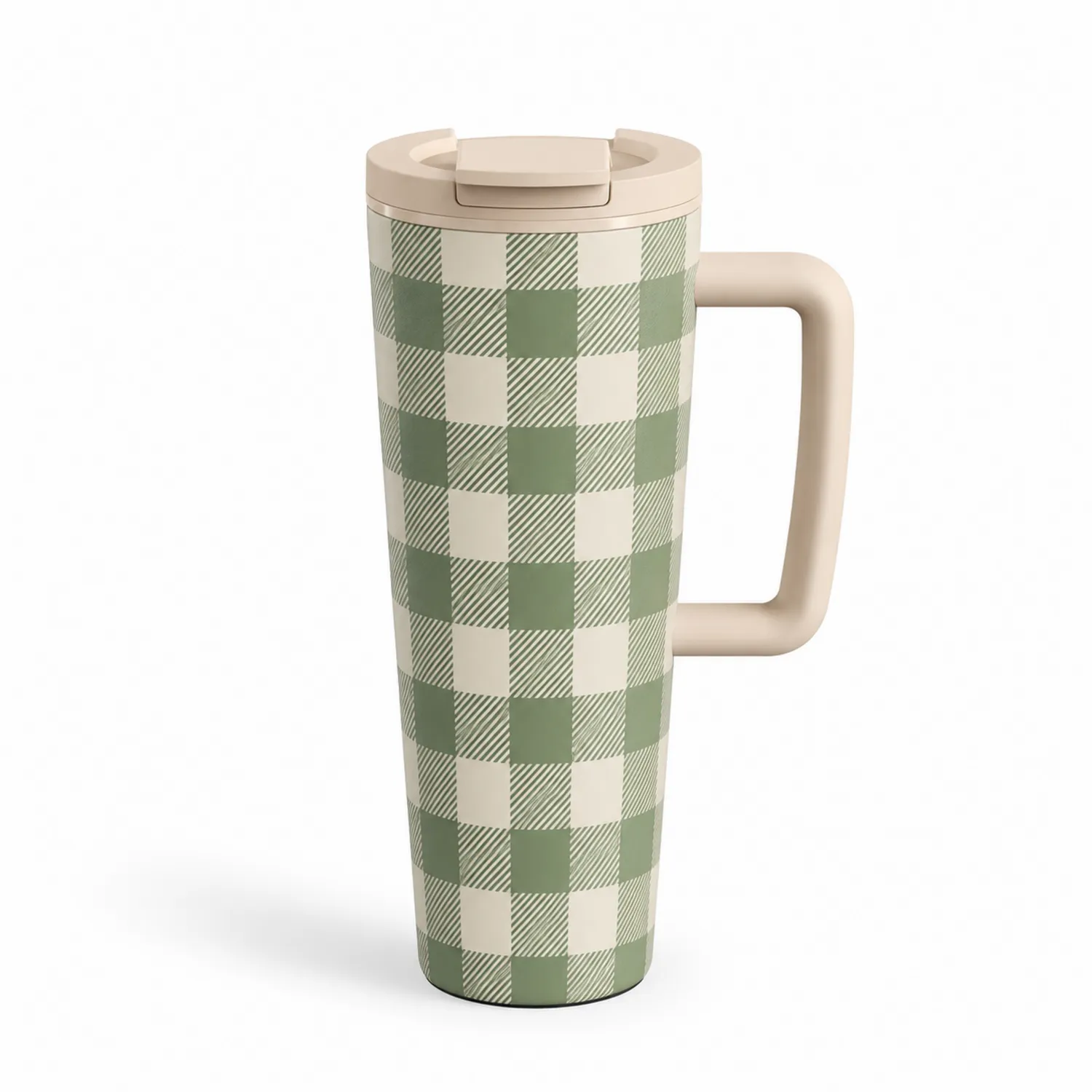 Keramik-Thermobecher mit Griff, Grün-Weiß Karo, 350ml-Qiralume